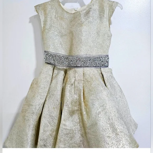 Halabaloo Dresses | Halabaloo Gold and White Jacquard Dress with Rhinestone Belt, Size 5 | Color: Gold/White | Size: 5G | Fashionmom360'S Closet